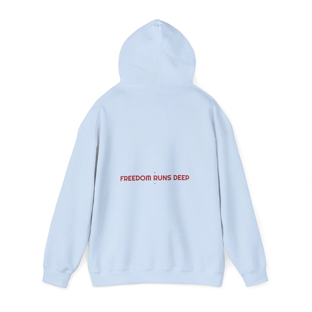 Freedom Runs Deep - Trendy Teez Funny Hoodie (Back Print) mockup